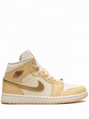 Beige / Cream / White / Gold Women's Nike Mid Pale Vanilla / Coconut Milk / Sail / Metallic Gold Air Jordan 1 | PMYIEZ-798