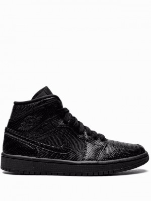 Black Women's Nike Mid Black Snakeskin Air Jordan 1 | ACJVUH-231