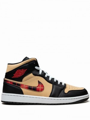 Black / Beige Men's Nike Mid Tartan Swoosh Air Jordan 1 | SOTIHF-127