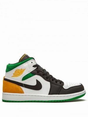 Black / White / Green / Orange Men's Nike Mid Oakland Air Jordan 1 | EWBCYD-976