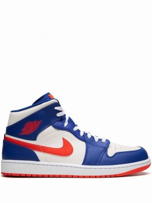 White / Blue / Red Men's Nike MID Knicks Air Jordan 1 | BUMIHR-908