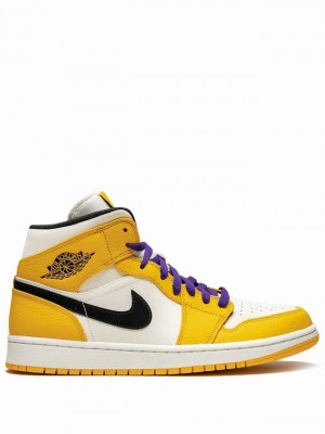 White / Yellow Men's Nike Mid SE Lakers Air Jordan 1 | EMOGLN-274