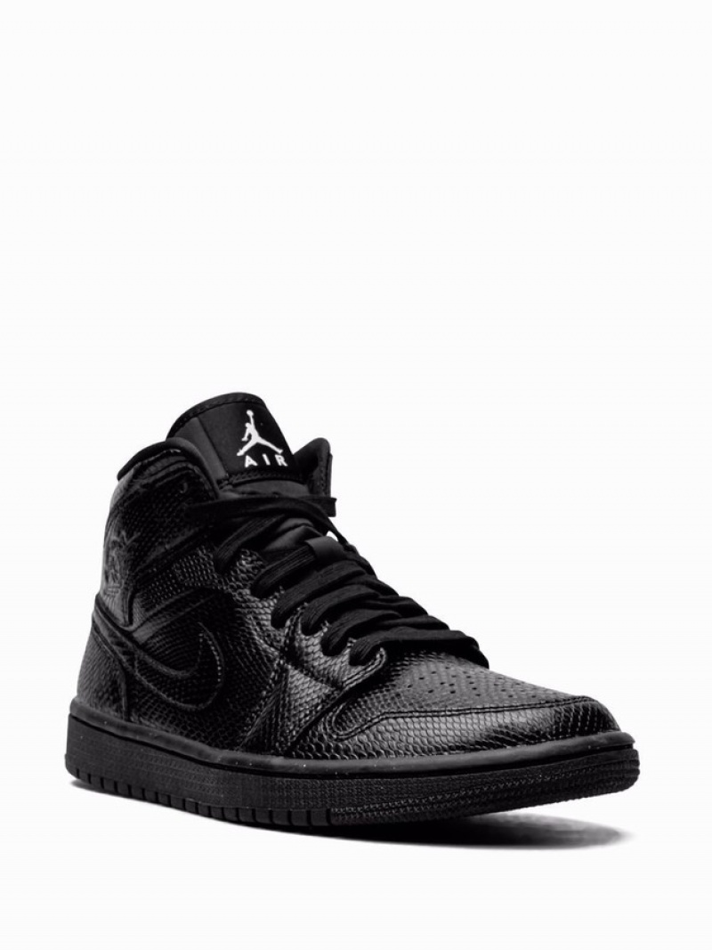 Black Women's Nike Mid Black Snakeskin Air Jordan 1 | ACJVUH-231