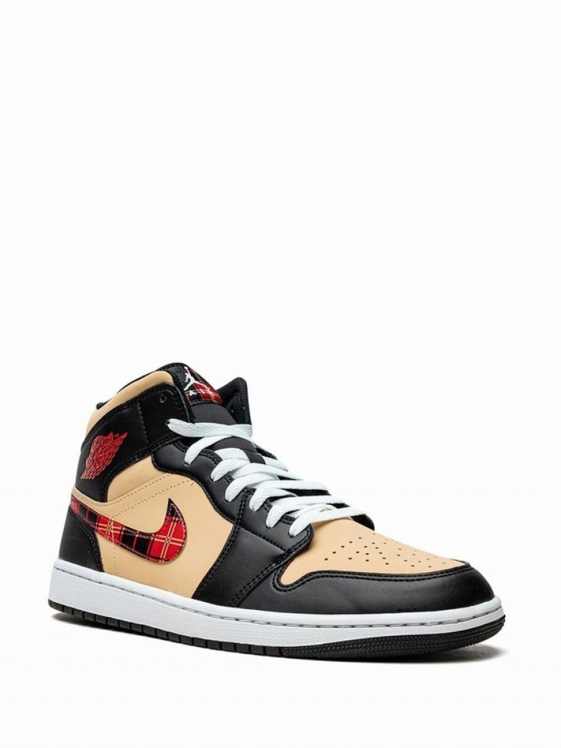 Black / Beige Men's Nike Mid Tartan Swoosh Air Jordan 1 | SOTIHF-127