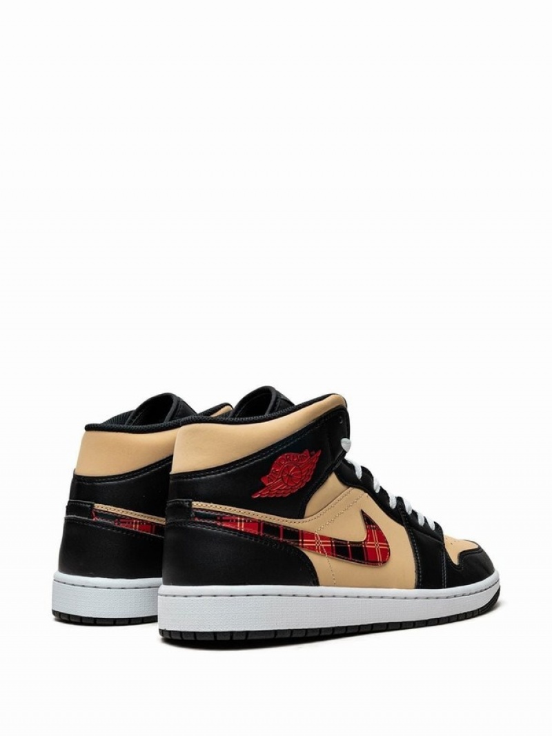 Black / Beige Men's Nike Mid Tartan Swoosh Air Jordan 1 | SOTIHF-127