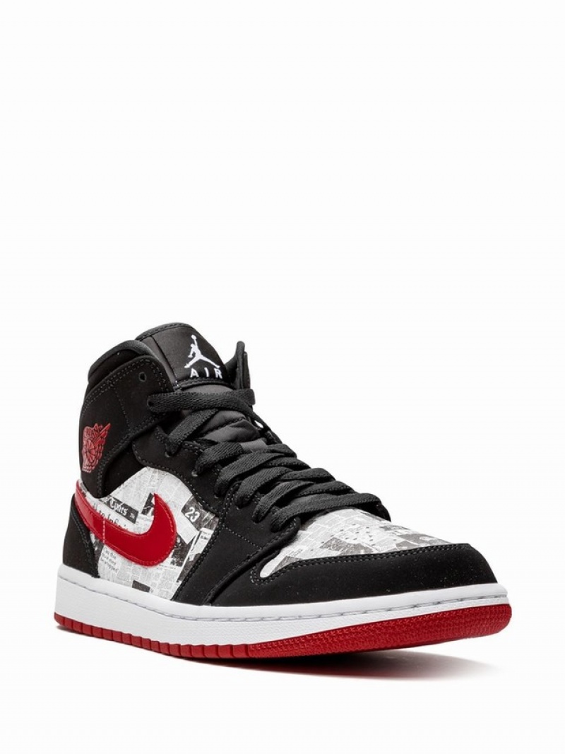 Black / White / Red Men's Nike Mid SE Newspaper Air Times Air Jordan 1 | QKITRM-508