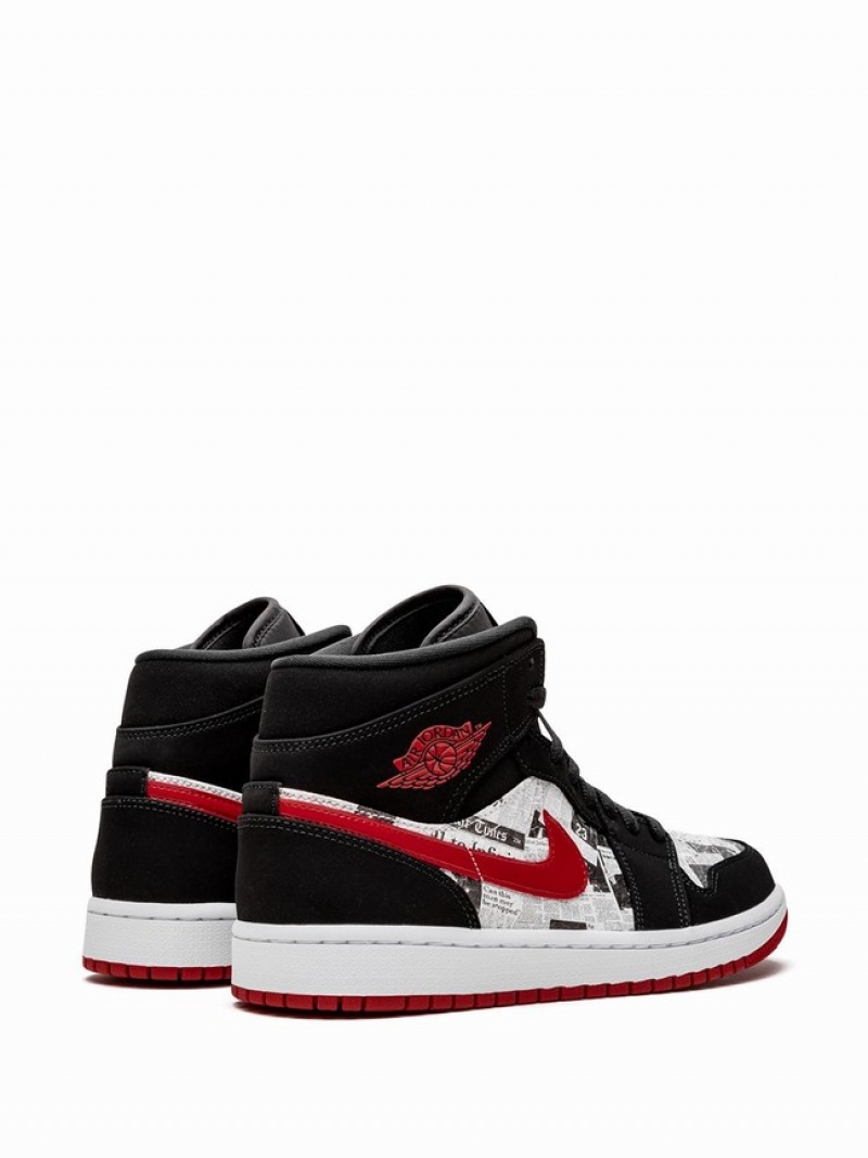 Black / White / Red Men's Nike Mid SE Newspaper Air Times Air Jordan 1 | QKITRM-508