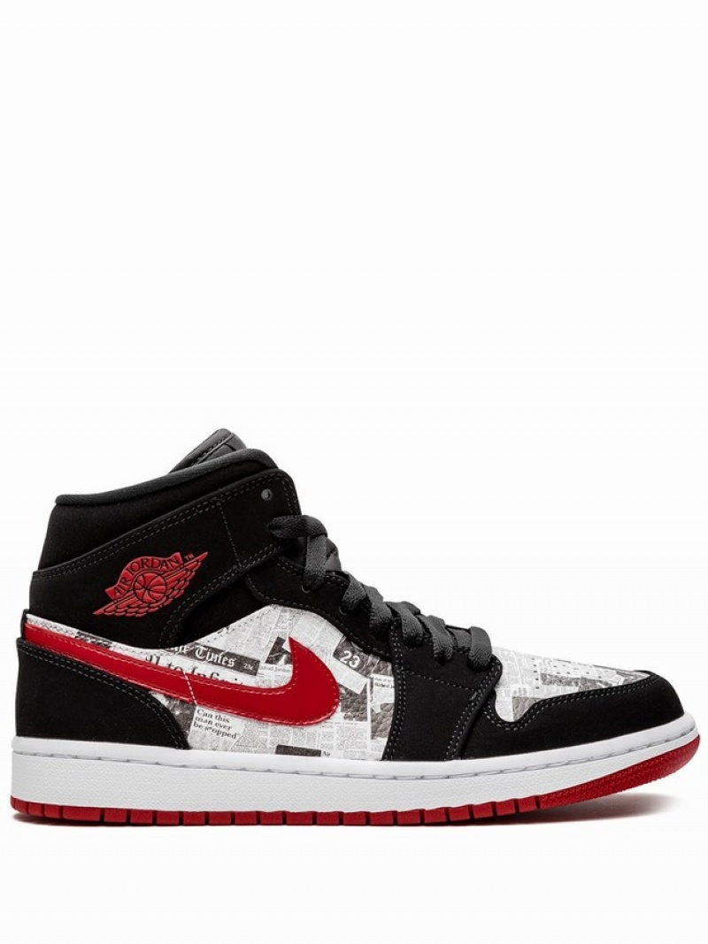 Black / White / Red Men\'s Nike Mid SE Newspaper Air Times Air Jordan 1 | QKITRM-508