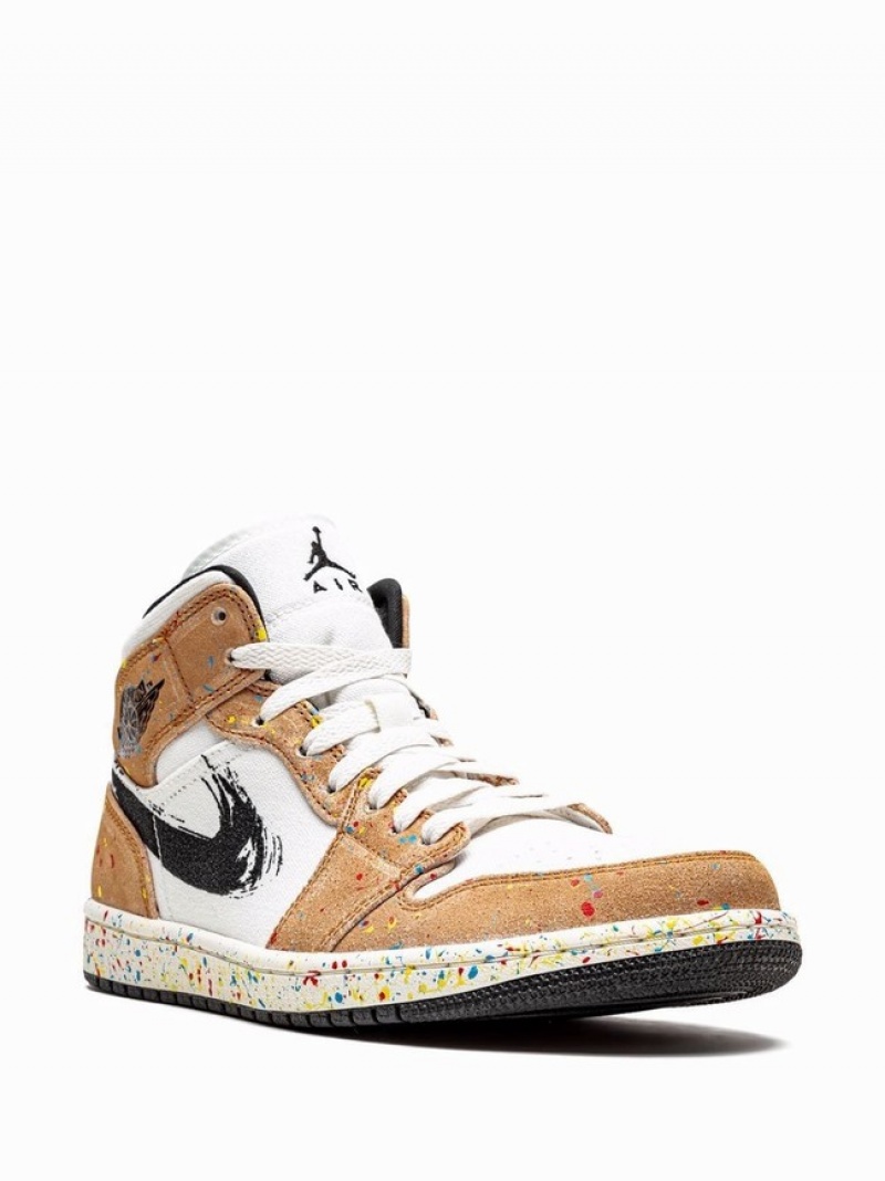 Brown / White Men's Nike Mid Brushstroke Air Jordan 1 | EJIHBO-374