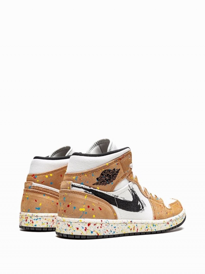 Brown / White Men's Nike Mid Brushstroke Air Jordan 1 | EJIHBO-374