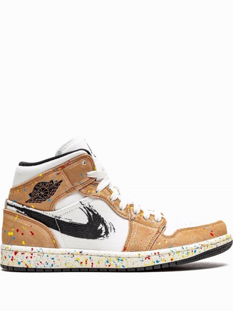 Brown / White Men\'s Nike Mid Brushstroke Air Jordan 1 | EJIHBO-374