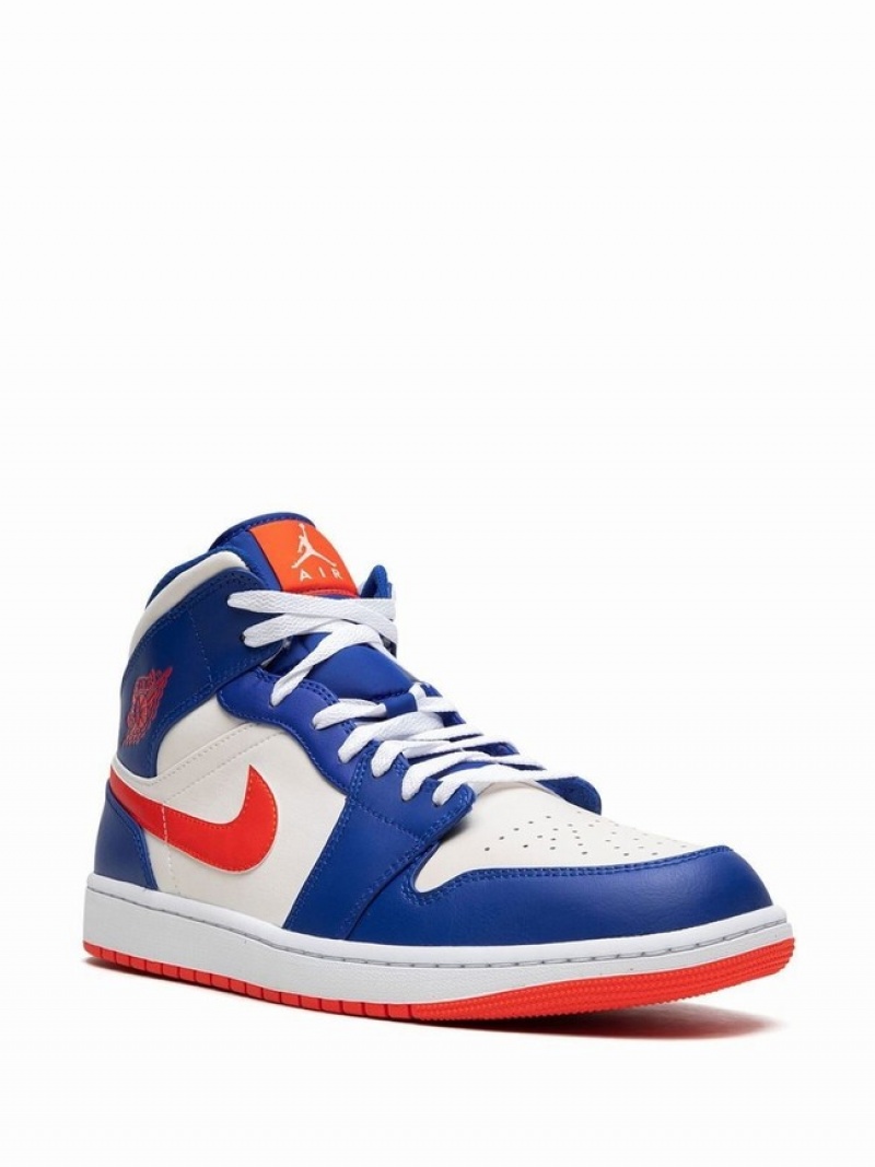 White / Blue / Red Men's Nike MID Knicks Air Jordan 1 | BUMIHR-908