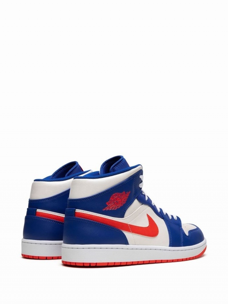 White / Blue / Red Men's Nike MID Knicks Air Jordan 1 | BUMIHR-908