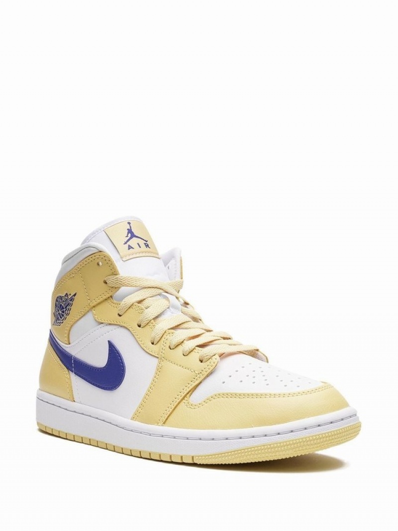 White / Light Yellow / Blue Women's Nike Mid Lemon Wash Air Jordan 1 | MZBIOG-469