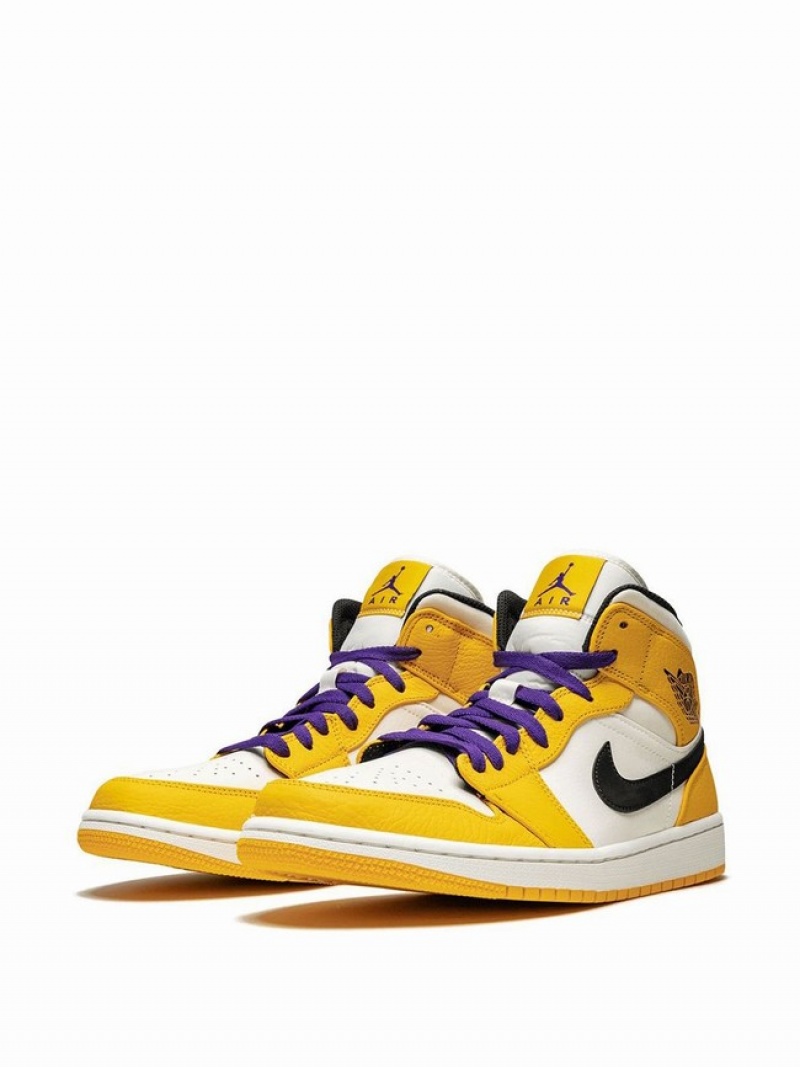 White / Yellow Men's Nike Mid SE Lakers Air Jordan 1 | EMOGLN-274